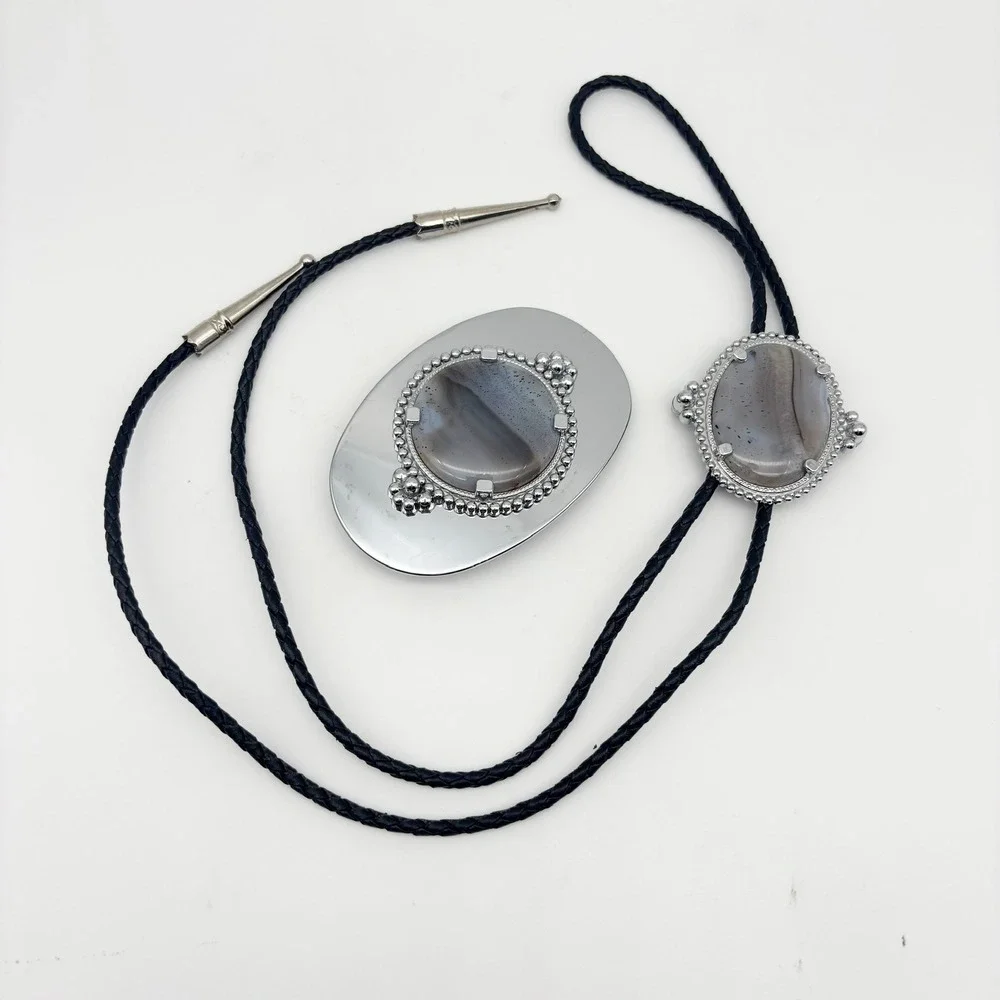 Retro Western Style Gray Agate Bolo Tie & Oval Belt Buckle Set